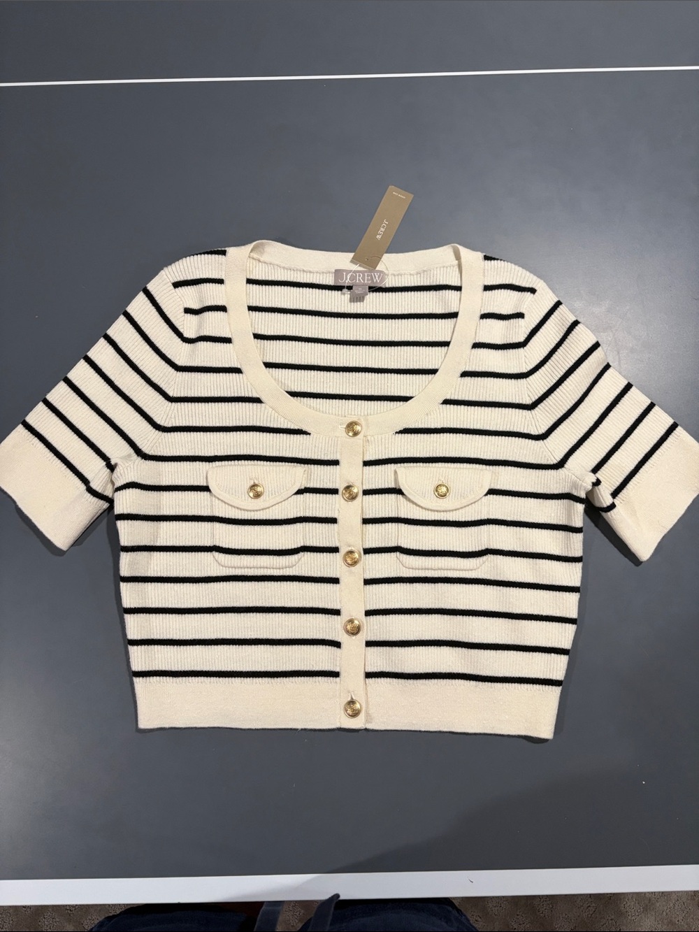 J. Crew Cream and Black Striped Short-Sleeve Cardigan